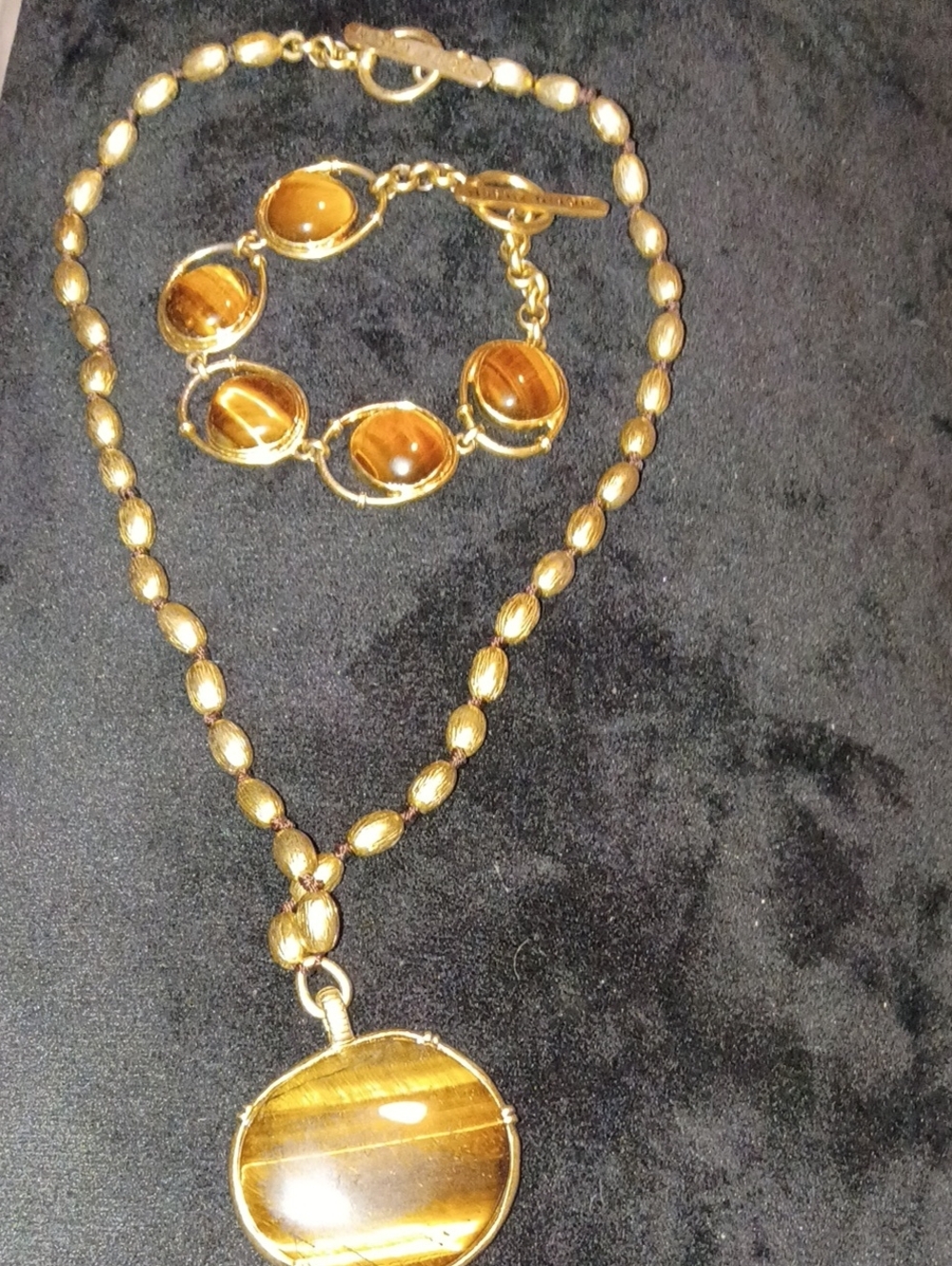 Signed Sigrid Olsen Tiger Eye Bead Necklace Tone Cutwork Penda Bracelet Set